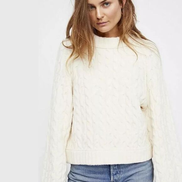 NEW FREE PEOPLE SNOWBIRD CABLE KNIT SWEATER IVORY - Picture 2 of 4